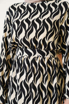 Dalga Desen Bel Lastikli Bürümcük Elbise Siyah - Tesettür Elbise