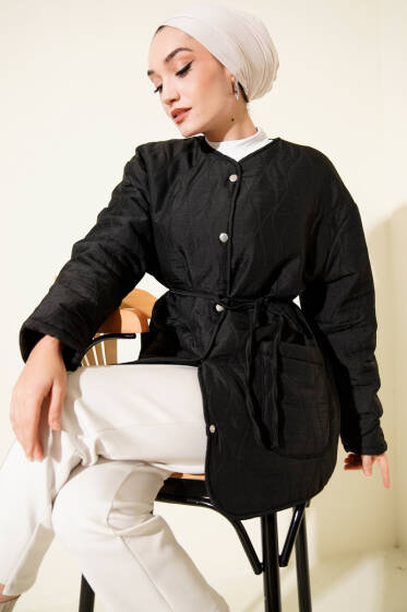 Dalga Desen Çıtçıtlı Ceket Siyah - Ceket