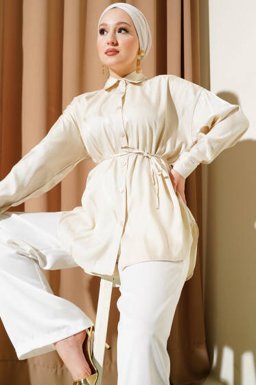 Dalga Desen İp Kuşaklı Jakar Gömlek Bej - Gömlek