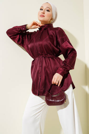 Dalga Desen İp Kuşaklı Jakar Gömlek Bordo - Gömlek