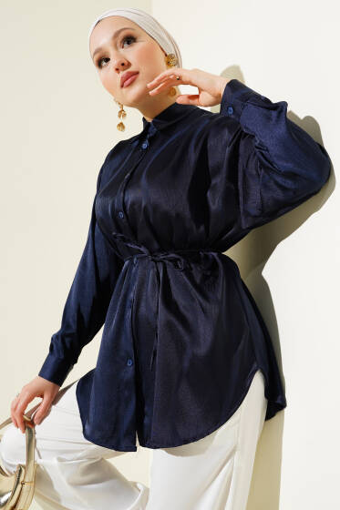 Dalga Desen İp Kuşaklı Jakar Gömlek Lacivert - Gömlek