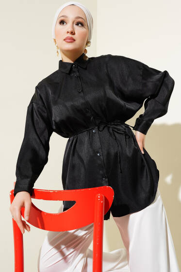 Dalga Desen İp Kuşaklı Jakar Gömlek Siyah - Gömlek