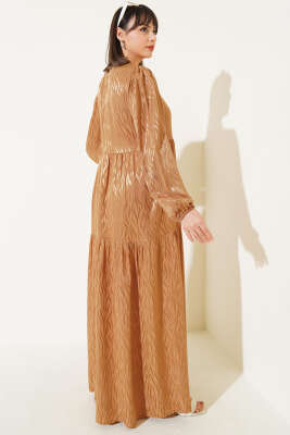 Dalga Desen Jakar Elbise Camel - Tesettür Elbise