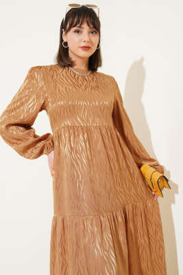 Dalga Desen Jakar Elbise Camel - Tesettür Elbise