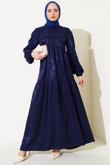 Dalga Desen Jakar Elbise Lacivert - Elbise
