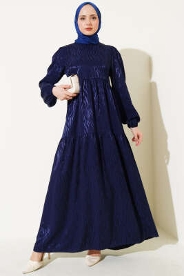 Dalga Desen Jakar Elbise Lacivert