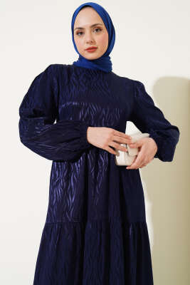 Dalga Desen Jakar Elbise Lacivert - Tesettür Elbise