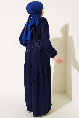 Dalga Desen Jakar Elbise Lacivert - Tesettür Elbise