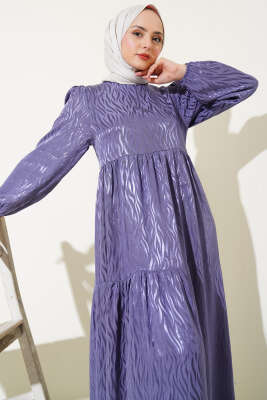 Dalga Desen Jakar Elbise Lila - Tesettür Elbise