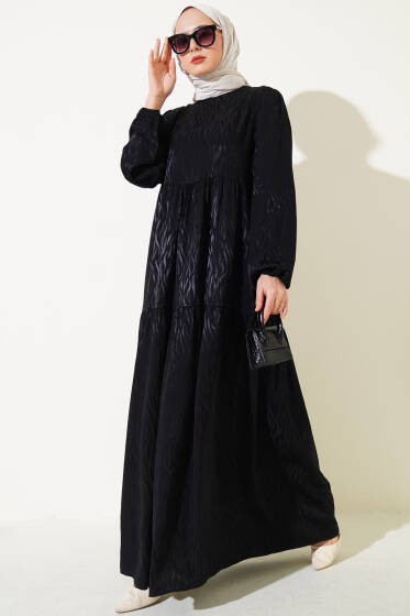 Dalga Desen Jakar Elbise Siyah - Elbise