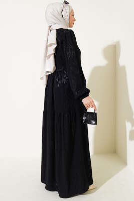 Dalga Desen Jakar Elbise Siyah - Tesettür Elbise
