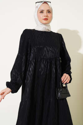 Dalga Desen Jakar Elbise Siyah - Tesettür Elbise