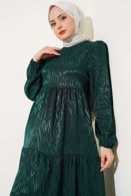 Dalga Desen Jakar Elbise Zümrüt - Tesettür Elbise