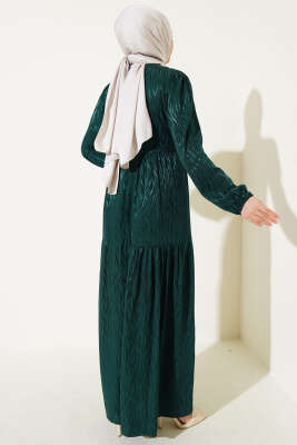 Dalga Desen Jakar Elbise Zümrüt - Tesettür Elbise