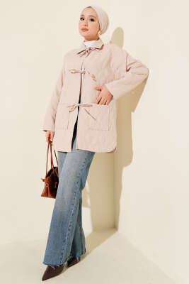 Dalga Desen Kapitone Ceket Bej - Ceket