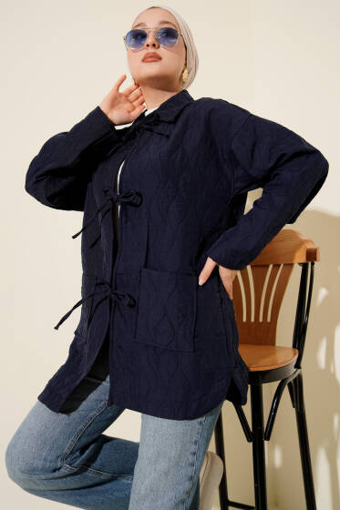 Dalga Desen Kapitone Ceket Lacivert - Ceket