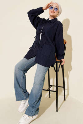 Dalga Desen Kapitone Ceket Lacivert - Ceket