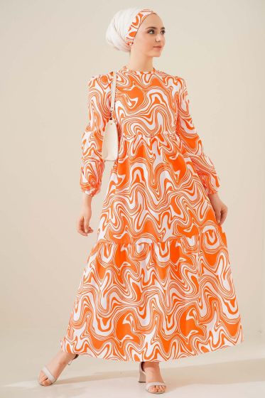 Dalga Desen Oranj Elbise - Tesettür Elbise