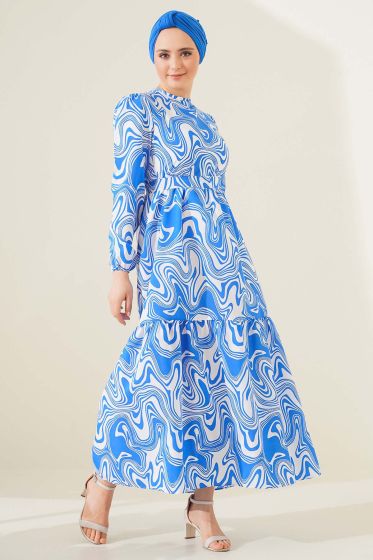 Dalga Desen Saks Elbise - Tesettür Elbise