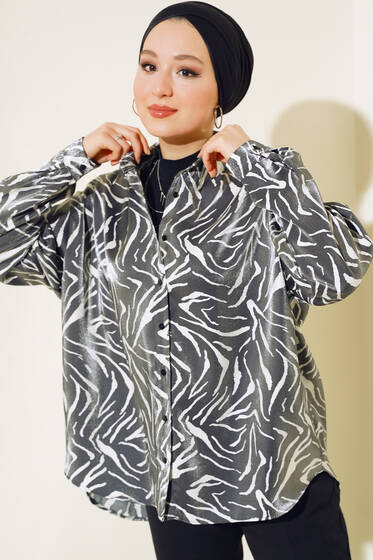 Dalga Desen Saten Gömlek Füme - Gömlek