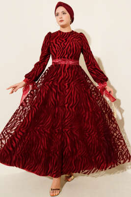 Dalga Desen Tül Kuşak Abiye Elbise Bordo - CNR TEKSTİL