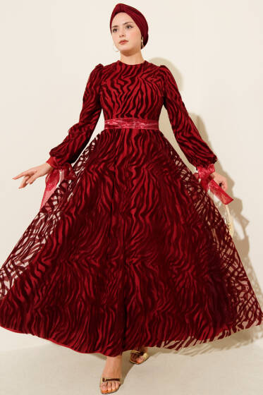 Dalga Desen Tül Kuşak Abiye Elbise Bordo - Elbise