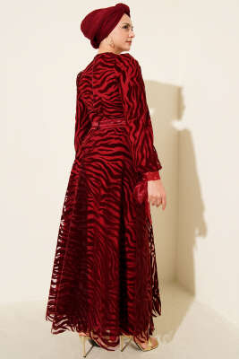 Dalga Desen Tül Kuşak Abiye Elbise Bordo - Elbise