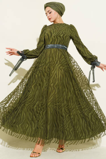 Dalga Desen Tül Kuşak Abiye Elbise Haki - Elbise