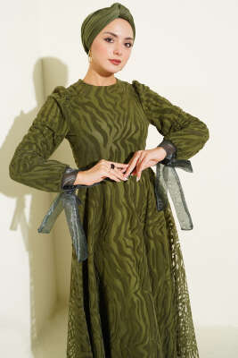 Dalga Desen Tül Kuşak Abiye Elbise Haki - Elbise