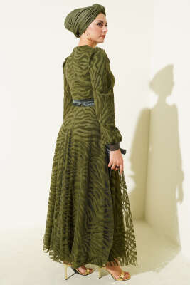 Dalga Desen Tül Kuşak Abiye Elbise Haki - Elbise