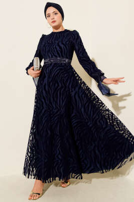 Dalga Desen Tül Kuşak Abiye Elbise Lacivert - CNR TEKSTİL