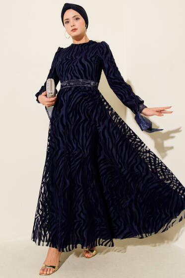 Dalga Desen Tül Kuşak Abiye Elbise Lacivert - Elbise