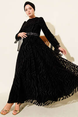 Dalga Desen Tül Kuşak Abiye Elbise Siyah - CNR TEKSTİL