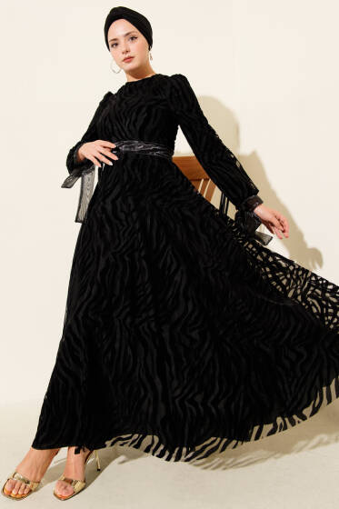 Dalga Desen Tül Kuşak Abiye Elbise Siyah - Elbise