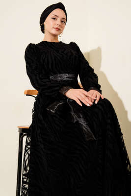 Dalga Desen Tül Kuşak Abiye Elbise Siyah - Elbise