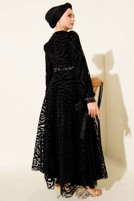 Dalga Desen Tül Kuşak Abiye Elbise Siyah - Elbise