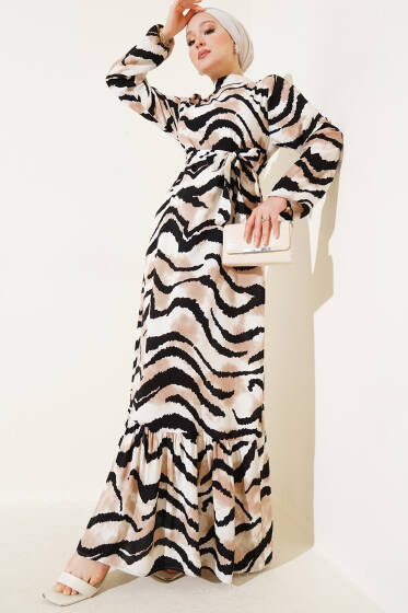 Dalga Desen Volanlı Elbise Siyah Latte - Elbise