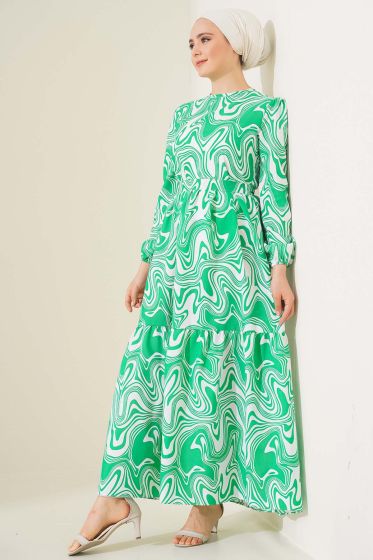 Dalga Desen Yeşil Elbise - Tesettür Elbise