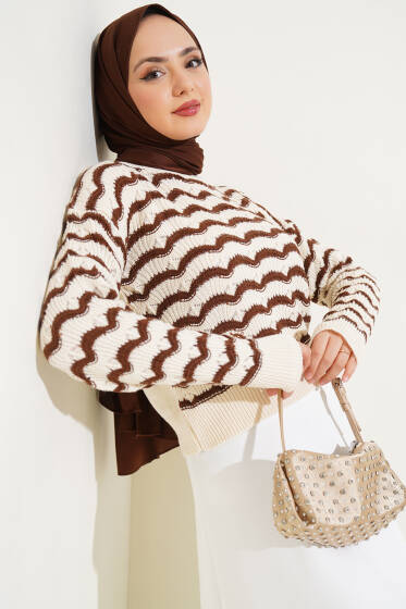 Dalga Desenli Çizgili Triko Kazak Bej - Triko