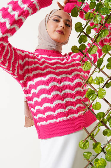 Dalga Desenli Çizgili Triko Kazak Fuşya - Triko