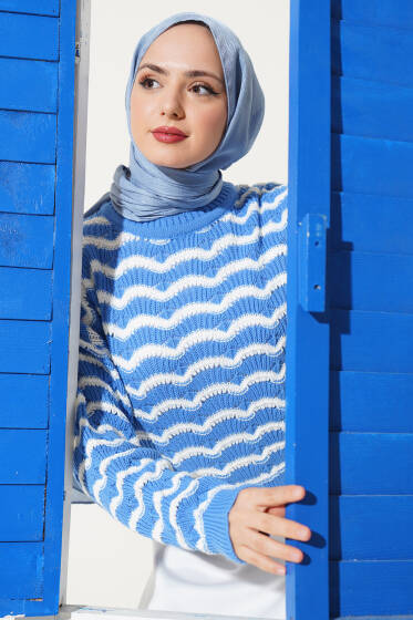 Dalga Desenli Çizgili Triko Kazak İndigo - Triko