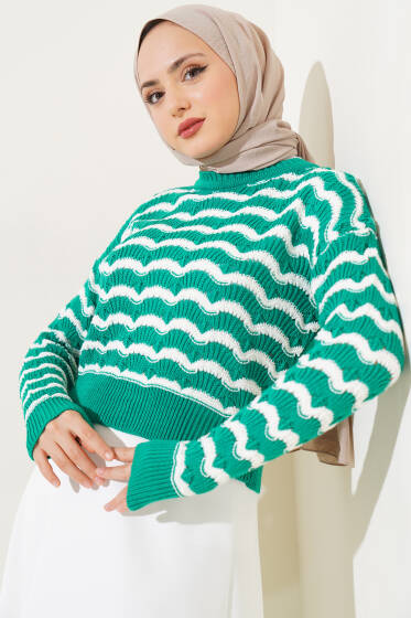 Dalga Desenli Çizgili Triko Kazak Zümrüt - Triko