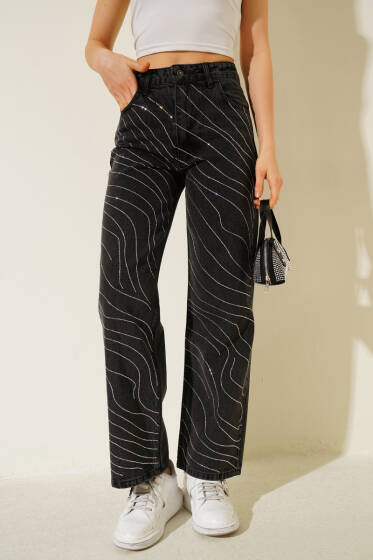 Dalga Sıra Taşlı Kot Pantolon Siyah - Kadın Giyim Modelleri