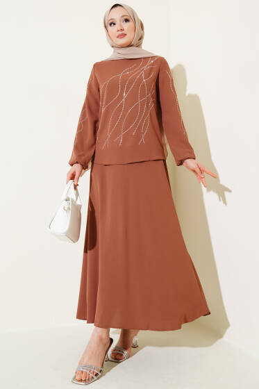 Dalgalı Taşlı Etekli İkili Takım Taba - İkili Takım