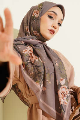 Dallı Çiçekli Soft Eşarp Vizon - VERTU (NYD TEKSTİL)