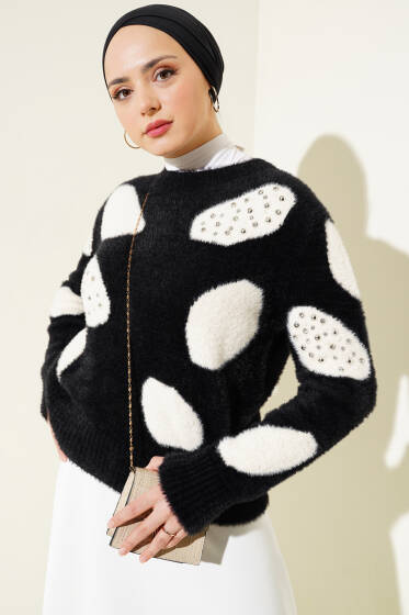 Dalmaçya Desen İncili Kazak Siyah - Triko Kazak