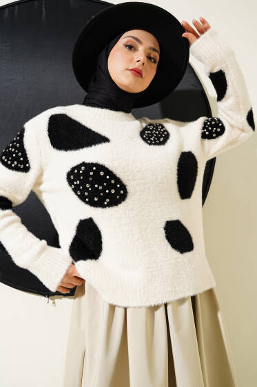 Dalmaçya Desen İncili Kazak Vanilya - Triko Kazak