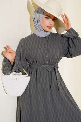 Dama Desen Jakarlı Elbise Füme 