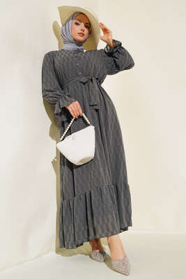 Dama Desen Jakarlı Elbise Füme - Tesettür Elbise