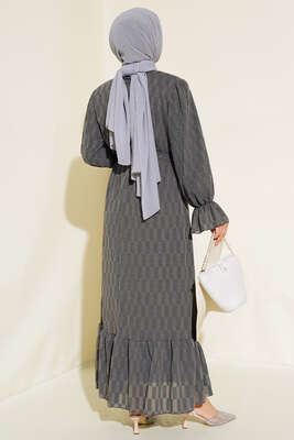 Dama Desen Jakarlı Elbise Füme - Tesettür Elbise